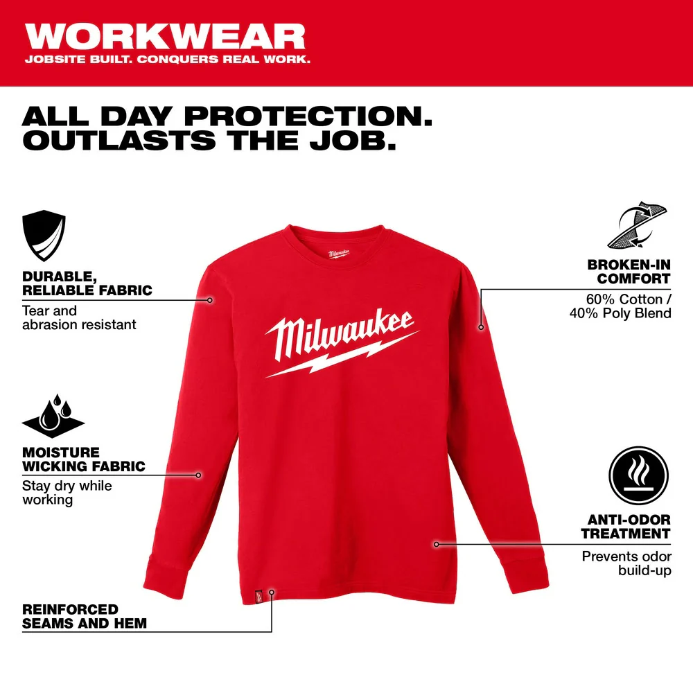 Milwaukee 608R Heavy Duty T-Shirt - Long Sleeve Logo Red - Toolusup