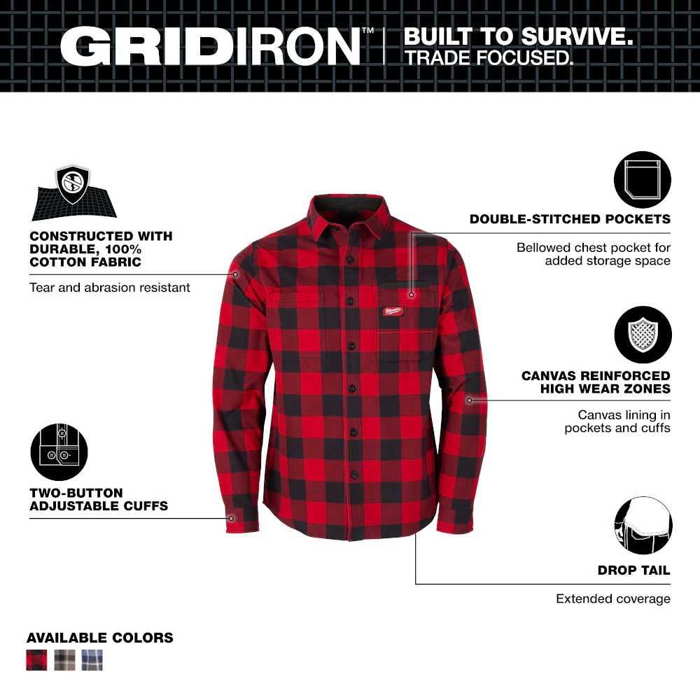 Milwaukee M551R GRIDIRON Flannel Shirt - Red - Toolusup